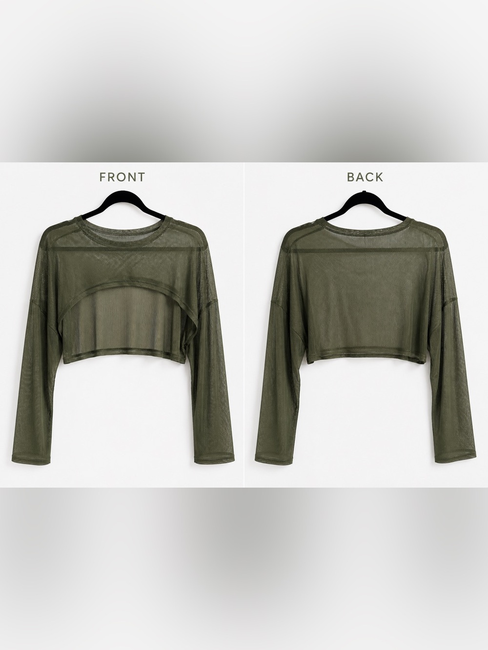 Olive Green Sheer Mesh Cropped Top L Long Sleeve See Through Layering Festival